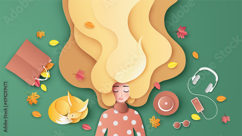 Beautiful girl, long hair relaxing on colorful leaves on floor with her orange color accessories set in Autumn. Graphic design for Autumn. paper cut and craft style. vector, illustration.
