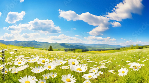 Beautiful spring landscape with meadow yellow flowers and daisies against the blue sky. Natural summer panorama. Environmental concept. Beautiful summe or sprting time landscape.