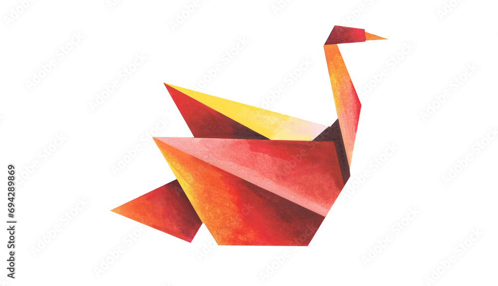 Naklejka premium Vibrant origami swan with fiery red, orange, and yellow hues, crafted in a minimalist geometric style, isolated on a white background