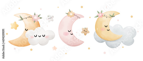 Watercolor scandinavian sweet moon Boho sky For nursery Baby shower
