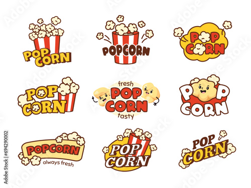 Popcorn emblem. Sweet corn snacks banners for cinema shop, striped buckets with playful popped corn kernels vector set