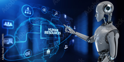 HR Human resources automation RPA. Robot pressing button on screen 3d render. © Murrstock