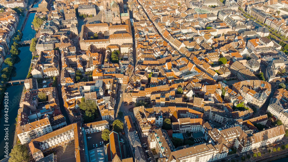 Strasbourg, France. Panoramic view. Roofs of houses. Summer morning, Aerial View