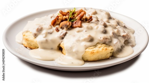 the rich textures and earthy tones of biscuits and gravy , the hearty meal presented on a clean white surface, ready to be enjoyed.