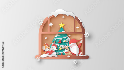 Santa Claus with his companions snowman, reindeer and fox celebrate Christmas at home. Merry Christmas. paper cut and craft style. vector, illustration.