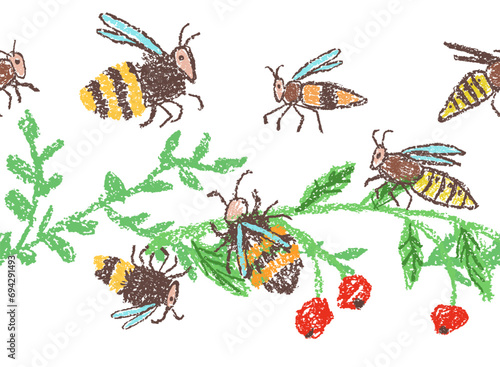 Bee, wasp, bumblebee, hornet seamless border, pattern frame or set. Doodle hand drawn black yellow striped flying insect on plant. Crayon, pencil pastel chalk like kid`s style vector funny cartoon art