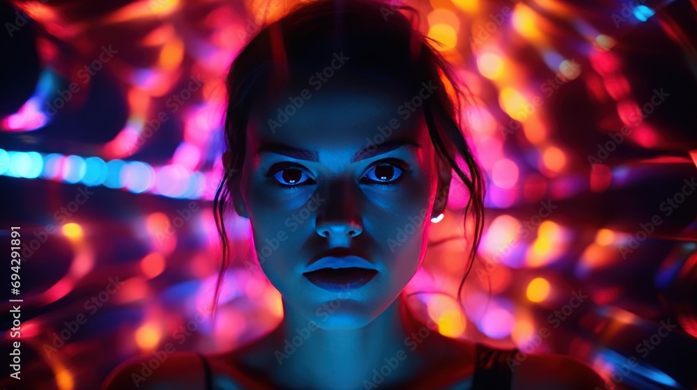 Multicolored lights, neon lights on the woman's face Multicolored lights, neon lights on the woman's face
