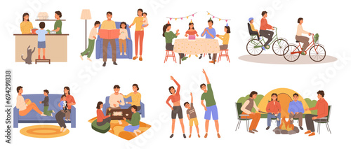 Family activities. Bonding moments, cooking together, birthday celebration, playing board games, outdoor cycling and sport exercising vector illustration set © WinWin