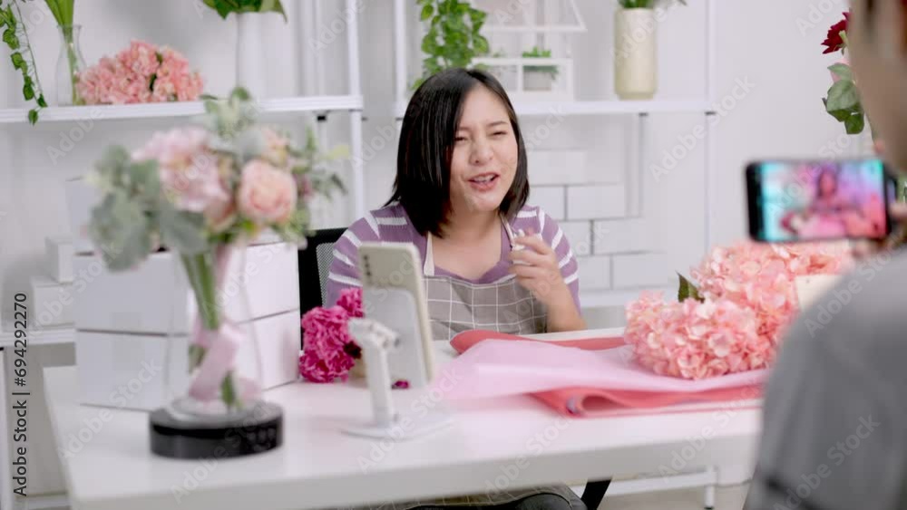 Asia young girl vlogger influencer or SME owner people smile work on home selfie shoot filming live sell show happy talk on mobile.