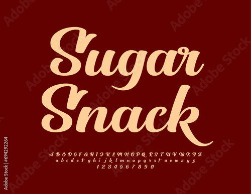 Vector tasty template Sugar Snack with cursive Font. Creative set of Alphabet Letetrs and Numbers.