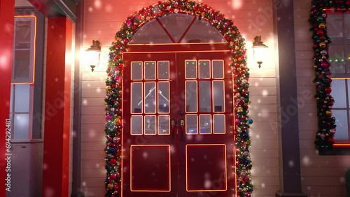 Red door and decorated balls and lights for Christmas. Christmas decorations and glowing garlands in snowvy day. Happy New Year. Noel. Winter holiday. Festival mood photo