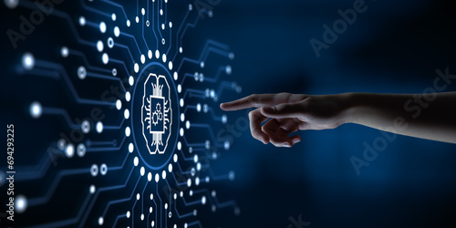 AI Artificial intelligence machine deep learning neural network cyber brain modern technology concept. Hand pressing button.