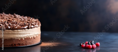 Delicious chocolate cake On a plate Sweet dessert Bright Close-up background. Sweet dessert brown dark chocolate cake on a plate. Chocolate Cake Slice