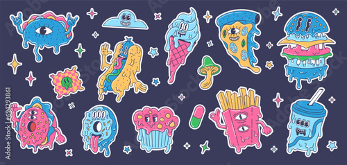 Trippy cartoon fast food stickers. Melted burger, crazy psychedelic junk food and acid street food trip vector illustration set