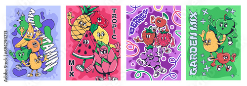 Cartoon fruit mix. Multivitamin, tropical fruits and berries garden mix posters with 1930s mascot characters vector illustration set