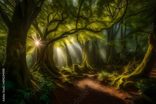 a beautiful way in jungle covered with trees and sun entered its light. 