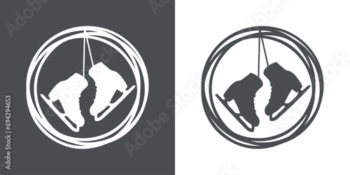 Logo winter sports. Logo con marco circular con líneas con silueta de un par de patines para hielo colgando de cordones. Botas para patinaje sobre hielo