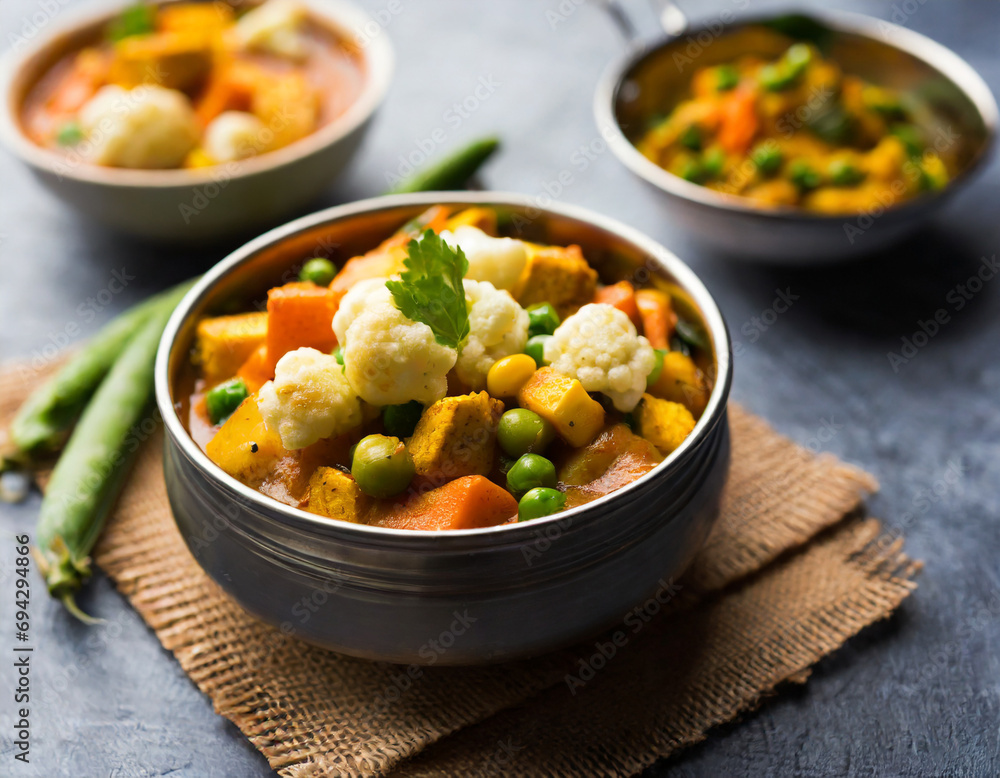 mix vegetable curry indian main course recipe contains carrots, cauliflower, green peas and beans, baby corn, capsicum and paneer cottage cheese with traditional masala and curry, selective focus mix vegetable curry indian main course recipe contains carrots, cauliflower, green peas and beans, baby corn, capsicum and paneer cottage cheese with traditional masala and curry, selective focus