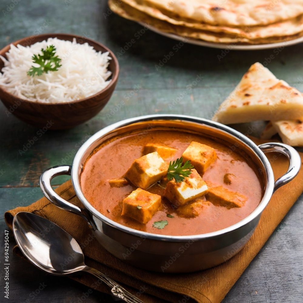 paneer butter masala or cheese cottage curry in serving a bowl or pan