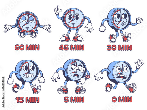Hour countdown timer. 60 minutes left with rushing clock 1930s cartoon mascot character vector illustration set