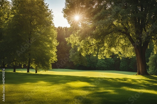 A serene spring tableau unfolds, featuring a manicured lawn embraced by trees against a vivid blue sky with fluffy clouds, basking in the glow of a bright sunny day.