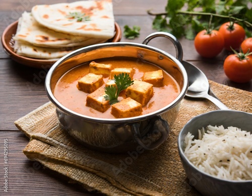 paneer butter masala or cheese cottage curry in serving a bowl or pan