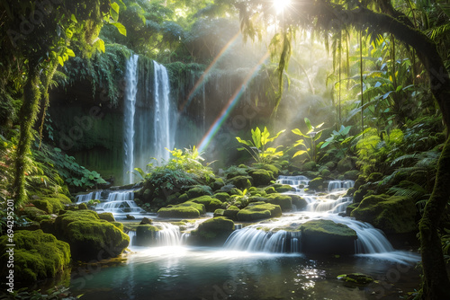 A hidden waterfall nestled in a lush rainforest, surrounded by vibrant foliage