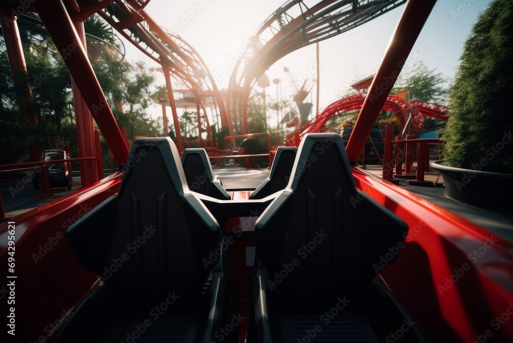 Reliable roller coaster seats. Metal frame red with sturdy and leather seats. Generate AI - obrazy, fototapety, plakaty 