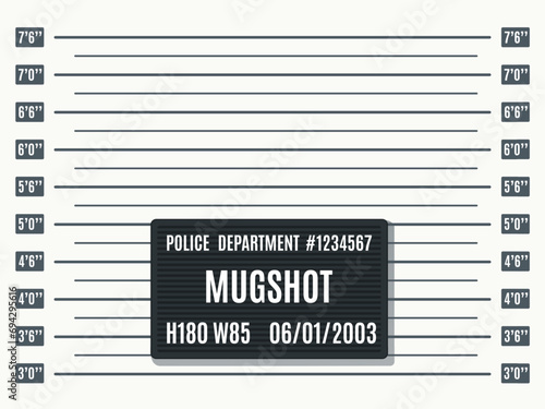 Mugshot photo template. Law enforcement, jail booking photography backdrop template with height measurement chart and black police department placard vector background photo