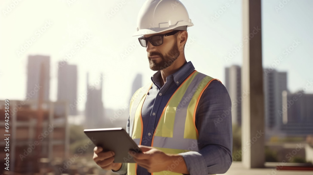 copy space, stockphoto, caucasian male civil engineer wearing protective goggles and using tablet on construction site. Engineer inspecting a construction site during day time. copy space, stockphoto, caucasian male civil engineer wearing protective goggles and using tablet on construction site. Engineer inspecting a construction site during day time.