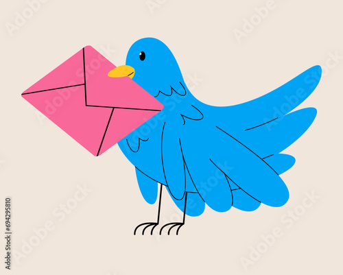 Bird holding envelope. News, message. Colorful vector illustration