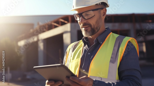 copy space, stockphoto, caucasian male civil engineer wearing protective goggles and using tablet on construction site. Engineer inspecting a construction site during day time. photo