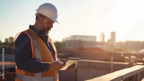 copy space, stockphoto, caucasian male civil engineer wearing protective goggles and using tablet on construction site. Engineer inspecting a construction site during day time.