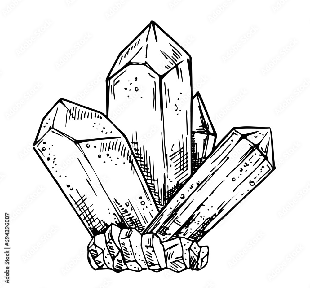 Naklejka premium Quartz crystal isolated on white background. Crystal cluster, minerals, diamonds. Hand drawn vector gems sketch style. Illustration isolated on white.