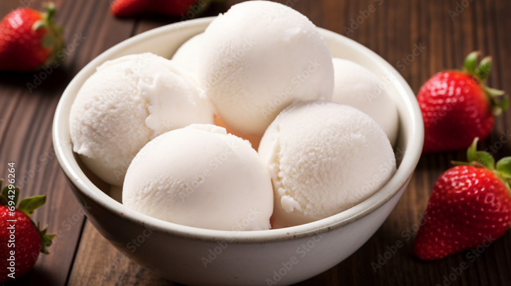 Bowl with vanilla ice cream balls. Generative AI Bowl with vanilla ice cream balls. Generative AI