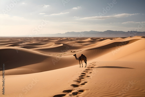 A vast desert landscape, bathed in the warm glow of the afternoon sun
