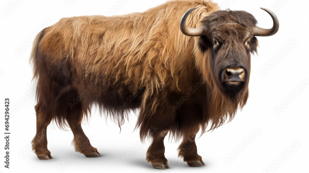 brown yak (Bos mutus) isolated on white background. Generative AI brown yak (Bos mutus) isolated on white background. Generative AI