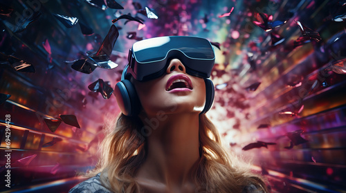 Virtual reality female girl gamer in futuristic meta world. amazed young woman in a VR headset explores the metaverse virtual space. Gaming and futuristic entertainment concept