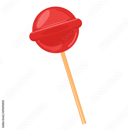 Sweet cute lollipop on stick. Vector illustration in cartoon style isolated on white background. Single glossy pink round candy. Lolly candy sucker for kids.