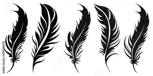 Bird Feather black silhouettes. Plumelet collection. Vector isolated on white