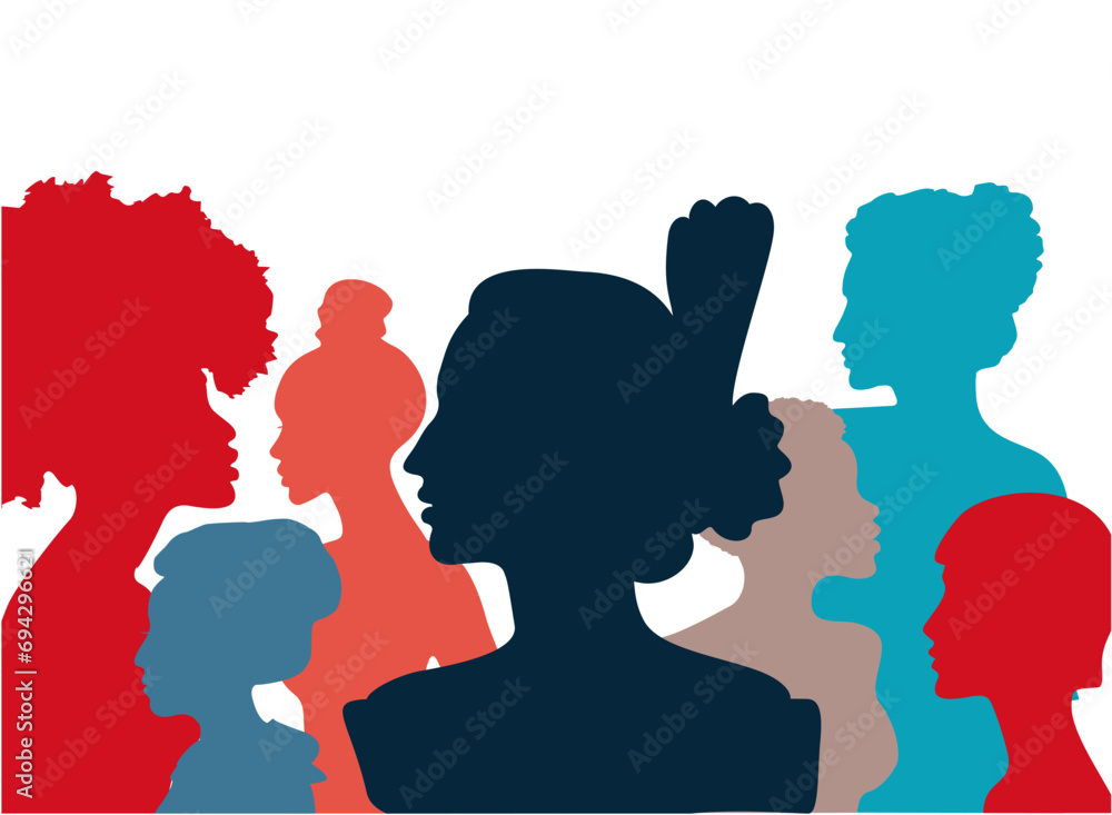 Silhouette profile group of women of diverse culture. Diversity multi-ethnic and multiracial people. Racial equality, anti-racism. Multicultural society. The concept of women, femininity, diversity.