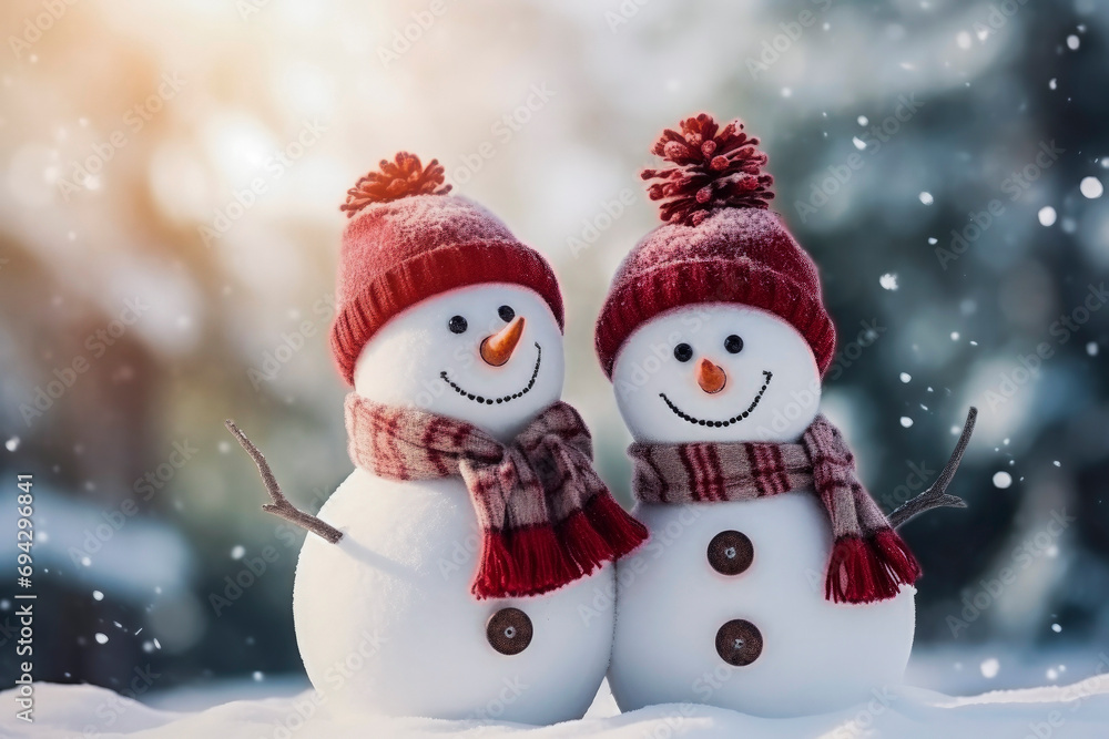 Obraz premium Background of snowmen with hat and scarf