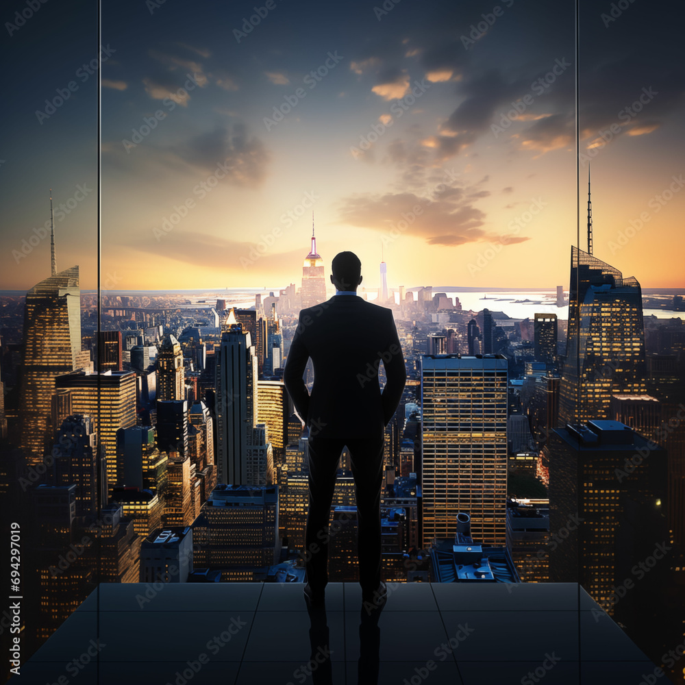 A man stands in office, in front of a cityscape.