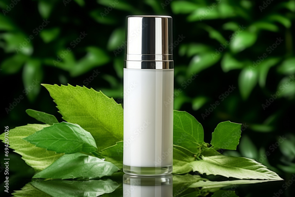 A white blank cosmetics bottle on a green leaves background. Product photo mock up A white blank cosmetics bottle on a green leaves background. Product photo mock up