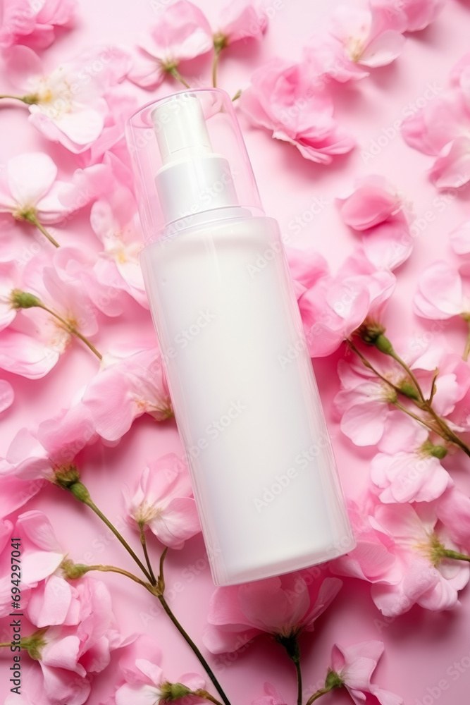 A white blank cosmetics bottle lies on a pink gentle flowers petals. Mock up, shallow depth of field A white blank cosmetics bottle lies on a pink gentle flowers petals. Mock up, shallow depth of field