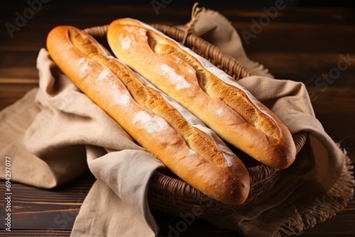 Close up view on a freshly baked baguettes of bread in basket on a wooden table