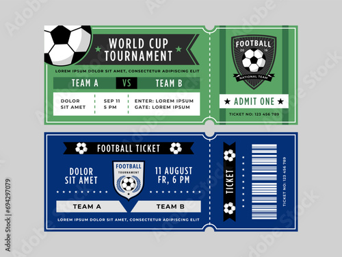 Soccer ticket. Football match entry pass with soccer ball emblem, sport event vector design template photo
