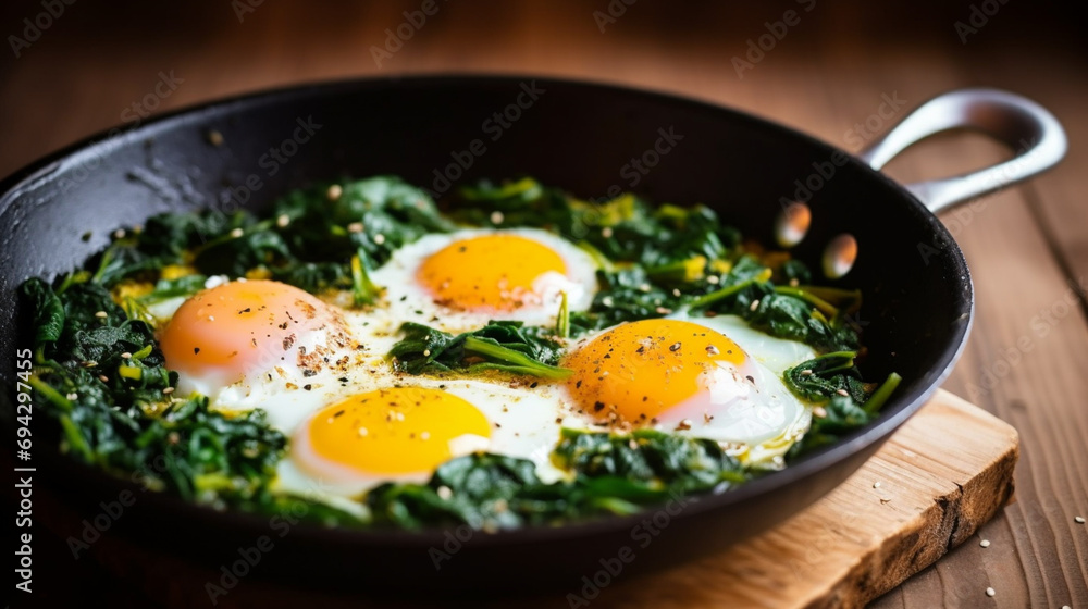Braised spinach and eggs in an old frying pan. Generative AI Braised spinach and eggs in an old frying pan. Generative AI