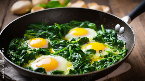 Braised spinach and eggs in an old frying pan. Generative AI