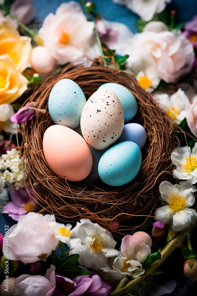Obraz premium Beautiful Easter eggs in a nest. Selective focus.